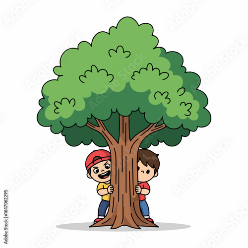 Flat illustration of two children hiding behind a large green tree, playing hide and seek, isolated on white background