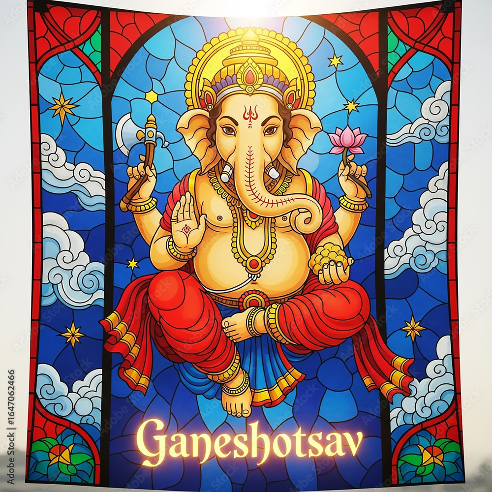 Fototapeta premium A Ganeshotsav Greeting with a Stained Glass Window Ganesha 