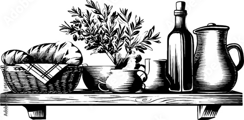 Vintage kitchen shelf display with bread and olive branch engraved design for decor