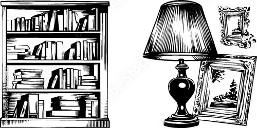 Vintage engraved illustration of bookshelf and table lamp for retro design