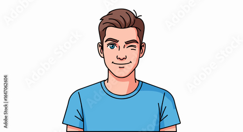 Flat illustration of smiling man winking with one eye closed, isolated on white background
