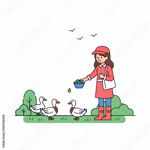 Flat illustration of girl feeding ducks in a park on a sunny day, isolated on white background