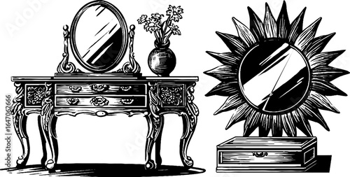 Ornate vanity table and mirror set - vintage engraved illustration for design and decor