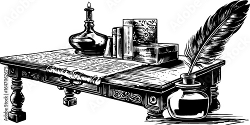 Vintage engraved illustration of ornate writing desk with books, feather quill, and inkwell for retro design