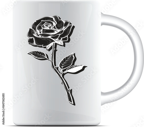A minimalist red and white rose design painted on a white mug.
