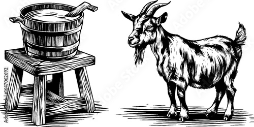 Rustic farm life engraving of goat and wooden pail for retro decor design