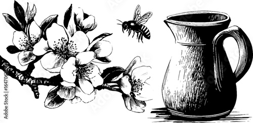Vintage engraved pear blossom branch with pitcher and bee for retro design