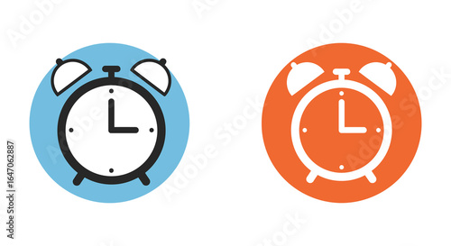 Two Cartoon Alarm Clocks in Blue and Orange Oval Shapes on White