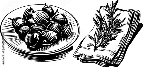 Vintage engraved illustration of porcelain plate with fruit and herb for retro decor design