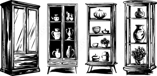 Engraved illustration set of porcelain figurine cabinets in vintage style