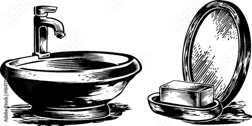 Engraved porcelain sink and oval mirror set with soap dish for retro bathroom design