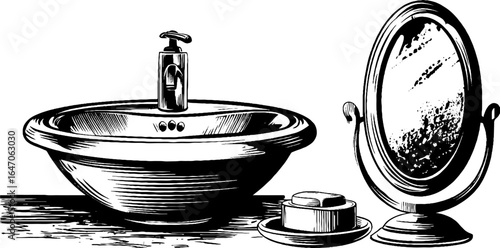 Vintage bathroom set with porcelain sink and mirror for retro design and decor