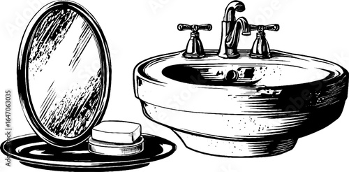 Vintage engraved illustration of porcelain sink with mirror and soap for retro bathroom design