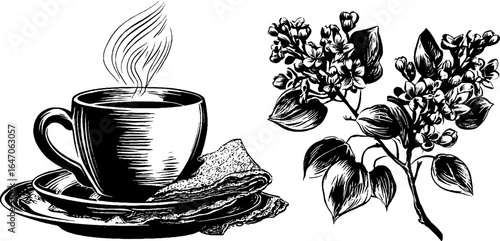 Vintage engraved illustration of porcelain tea cup and flowering branch for retro design