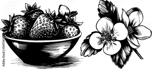 Engraved illustration set of ripe strawberries and blossoms