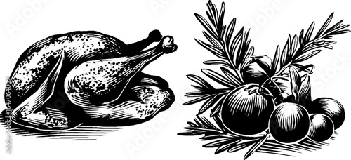 Festive culinary engraving set of roasted turkey and seasonal vegetables for holiday decor or menu design