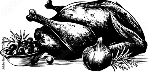 Vintage thanksgiving feast with roasted turkey and vegetables for holiday celebration design