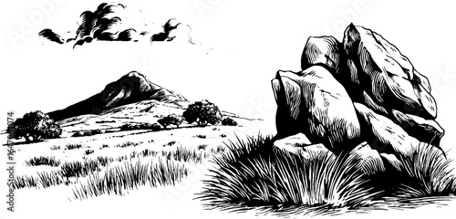 Vintage engraved illustration of rocky hillside and scenic landscape for retro design