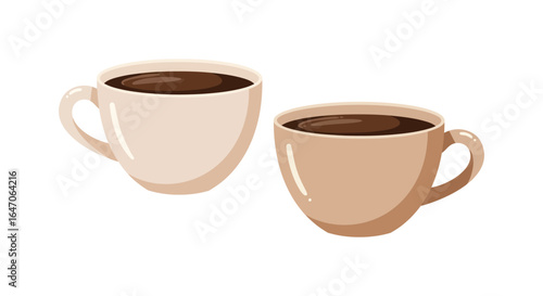 Two Beige Coffee Mugs Filled with Dark Coffee on White Background