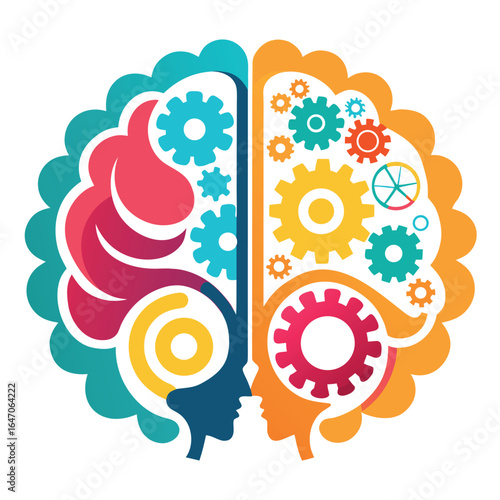 Photo of colorful illustration of a brain with gears symbolizing thought processes and creativity, isolated on white background