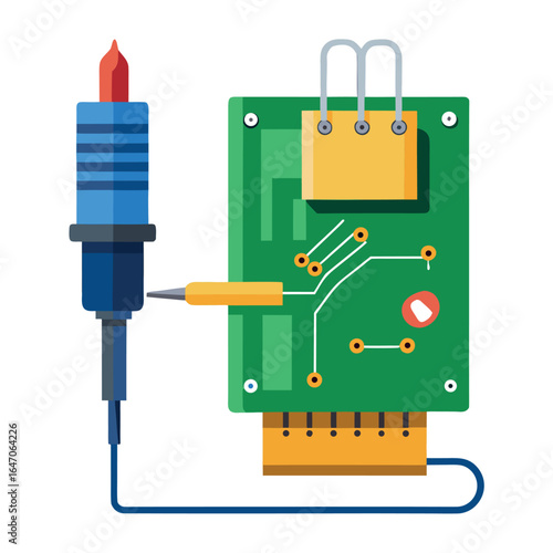 Photo of soldering iron touching a green circuit board with electronic components, isolated on white background