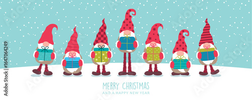 cute dwarf holding gifts and snowy landscape christmas greeting card vector illustration