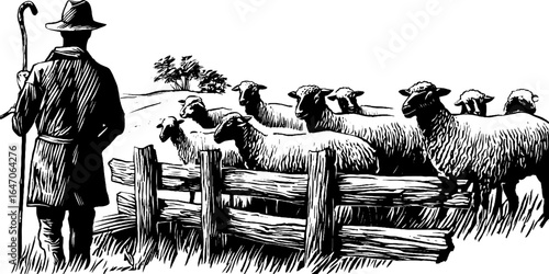 Vintage shepherd with crook and flock in pastoral scene