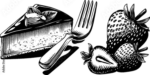 Engraved illustration of cheesecake slice with strawberries and fork for retro design