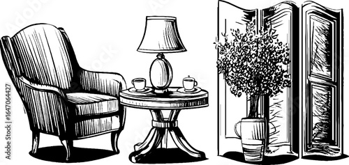 Engraved illustration of cozy tea table. Vintage hand drawn sketch with detailed engraving style.