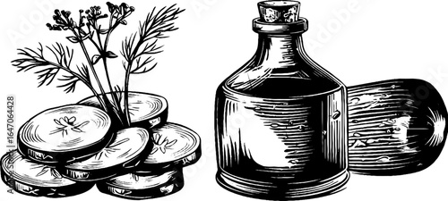 Vintage engraving of sliced cucumber and bottle with herbs for culinary design