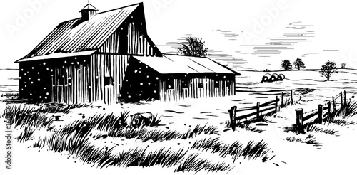 Vintage winter farm scene with snowfall - hand drawn engraving for seasonal design