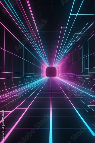 Neon Glowing Lines Tunnel, Abstract 80s Synthwave Background