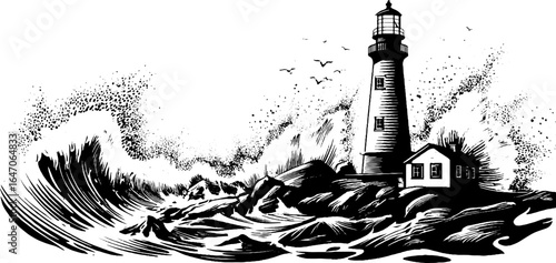 Engraved illustration of storm waves crashing against lighthouse for nautical decor and design