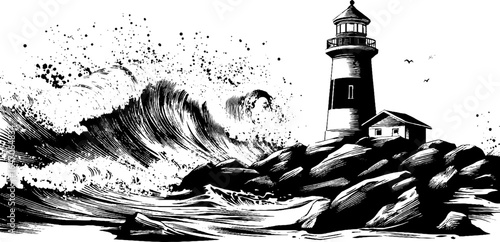 Dramatic lighthouse scene with storm waves hitting rocky shoreline