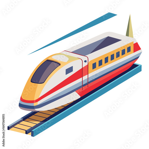Photo of modern highspeed train traveling on railway tracks, isolated on white background