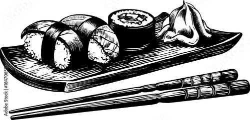 Engraved illustration of sushi platter with nigiri and wasabi on wooden tray