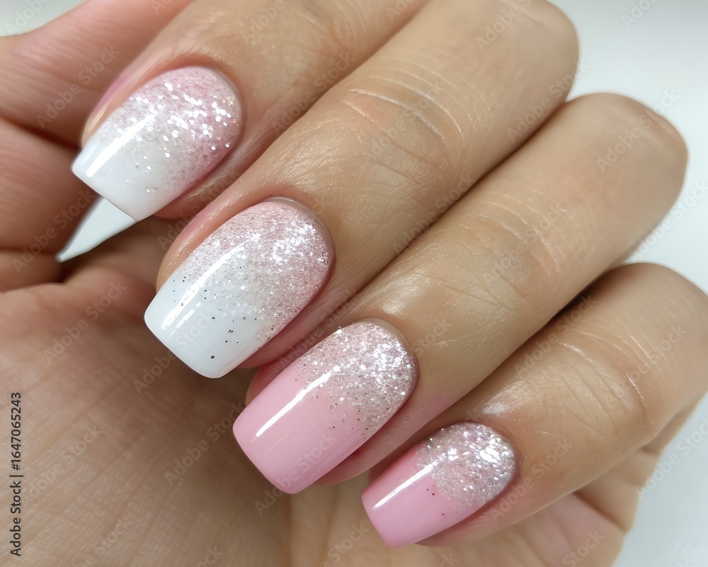 Soft Pink and White Ombre Glitter Nails. design illustration Soft Pink and White Ombre Glitter Nails. design illustration