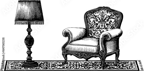 Elegant vintage armchair and lamp engraving set for retro interior design