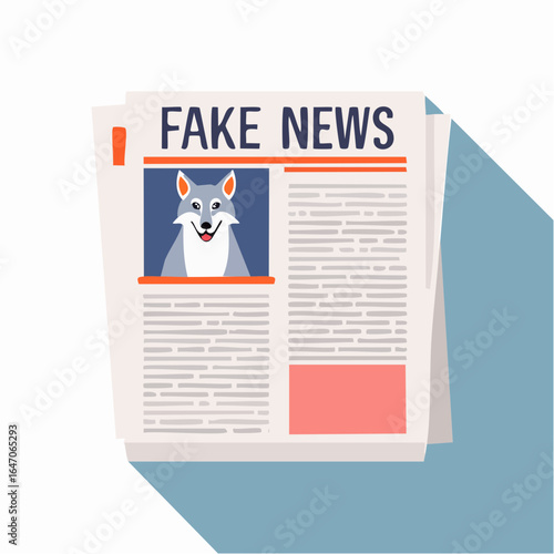 Cartoon Wolf appears on Newspaper beneath the Headline Fake News