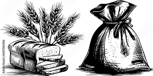 Vintage engraving of wheat stalk bundle with bread loaf and sack