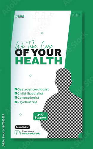 Medical Clinic Advertisement with Doctor and Specialties Promoting Health and Support