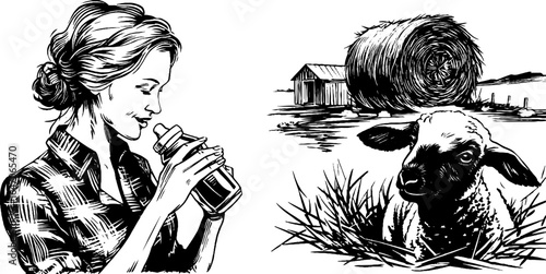 Engraved illustration set of woman bottle feeding and rural farming scene