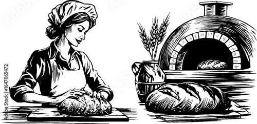 Vintage baking scene with woman kneading bread and rustic oven