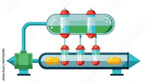 Photo of abstract illustration of a scientific laboratory apparatus with tubes and liquids, isolated on white background