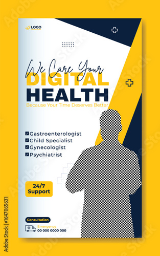 Digital Health Services Advertisement Featuring a Smiling Doctor with a Smartphone