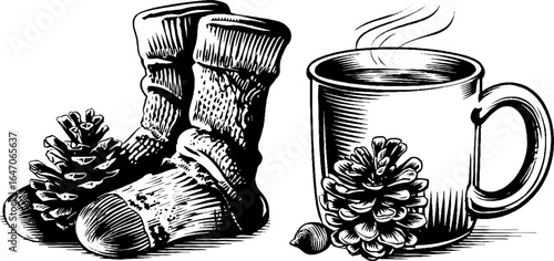 Cozy winter scene with wool knitted socks and steaming mug - hand drawn vintage illustration