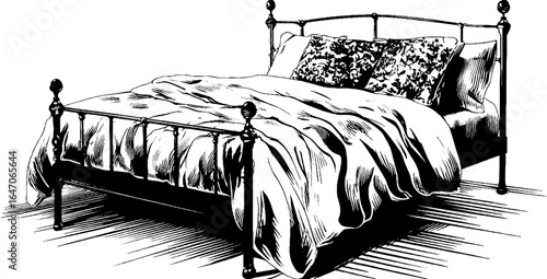 Vintage engraved illustration of wrought iron bed frame design for interior decor