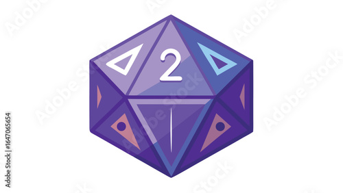 Photo of a purple 20sided die with the number 2 facing up, isolated on a white background