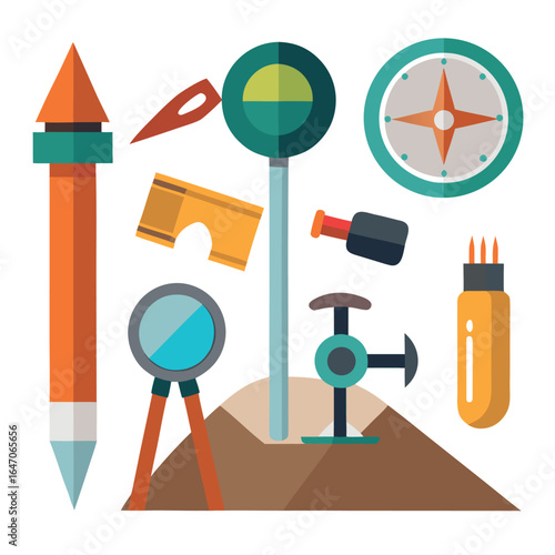 Photo of collection of surveying and measuring tools and equipment, isolated on white background