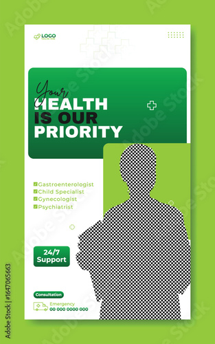 Friendly Female Doctor Promoting Medical Services and 24 7 Support on Green Background